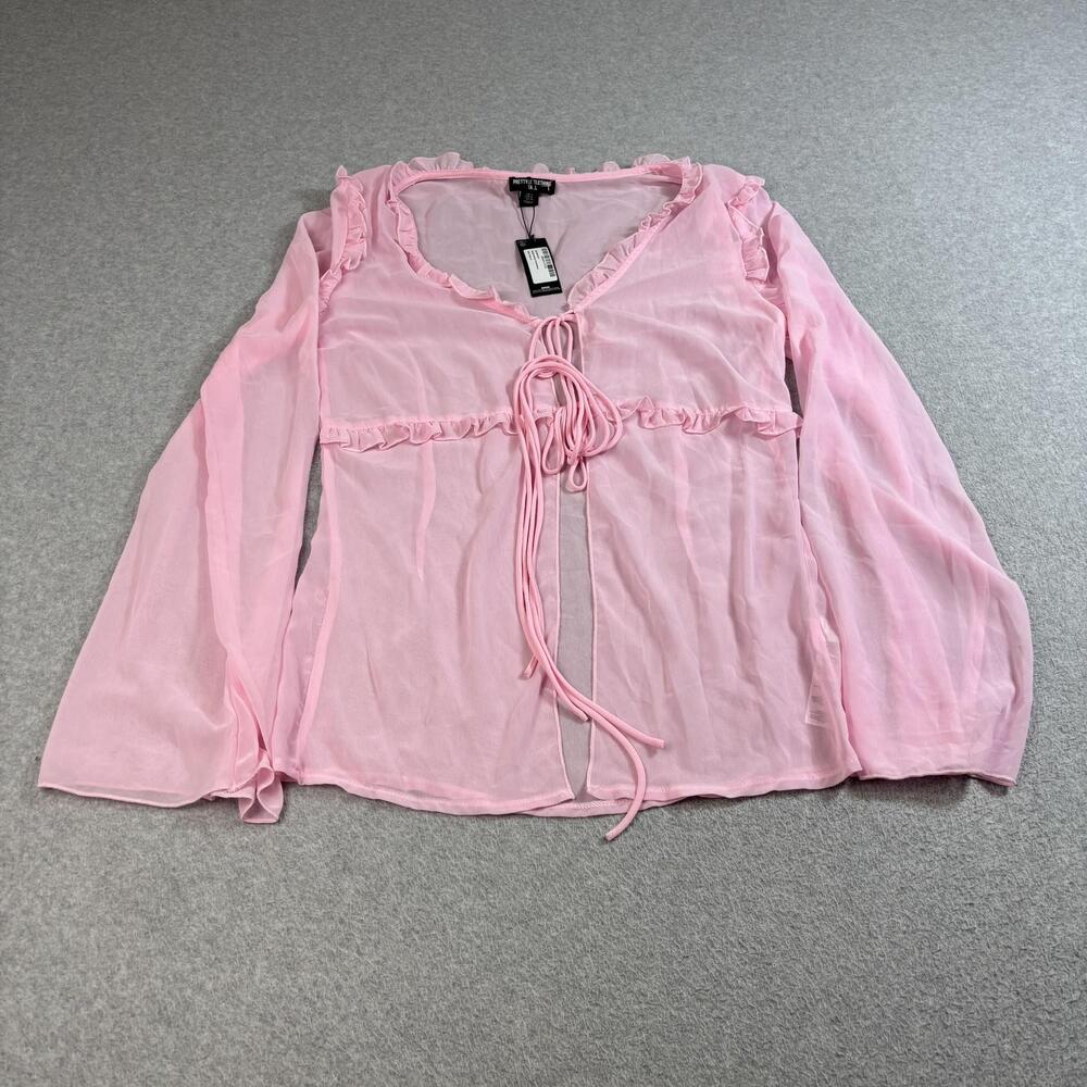 PrettyLittleThing Shirt Womens 10 Tall Pink Sheer Mesh Ruffle Boho Y2K Coquette